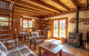 Naklejka premium A cozy rental house in the countryside, with a warm hearth, wooden furniture, and a large backyard perfect for outdoor activities
