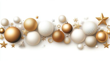 A festive arrangement of white, gold, and glittery decorative balls and stars against a clean background, ideal for holiday-themed projects, invitations, or seasonal marketing materials,