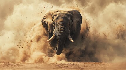 Fototapeta premium A majestic bull elephant charging across the savanna, kicking up dust as it moves