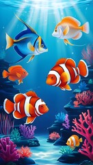 A vivid underwater world with glowing fish, colorful coral, and magical sunlight filtering through serene waters.