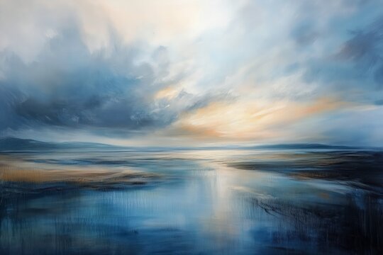 Serene Coastal Vista: A sweeping, impressionistic landscape painting capturing a tranquil coastal scene, with an expansive sky dominating the horizon, reflecting onto the calm water. 