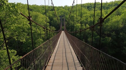 Obraz premium Suspension bridge journey through verdant forest scenery perspective