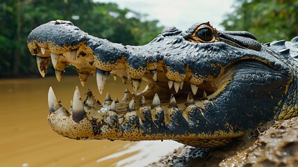 Obraz premium Close-up of a crocodile's head, mouth agape, showcasing sharp teeth. Jungle background