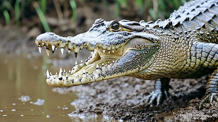 Obraz premium Close-up of a crocodile's head and upper body, mouth agape, poised near water's edge