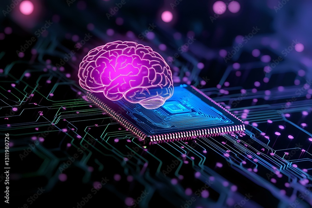 Poster glowing pink brain hologram floating above microprocessor on circuit board with neon lighting effect