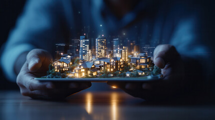 Futuristic digital city model held by person, showcasing urban development