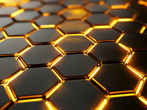 Futuristic Golden Hexagonal Grid with Glowing Light Effects Representing Digital Technology and Blockchain Innovation