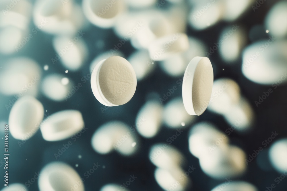 Poster floating pills in zero gravity create an abstract medical atmosphere with soft shadows and cinematic