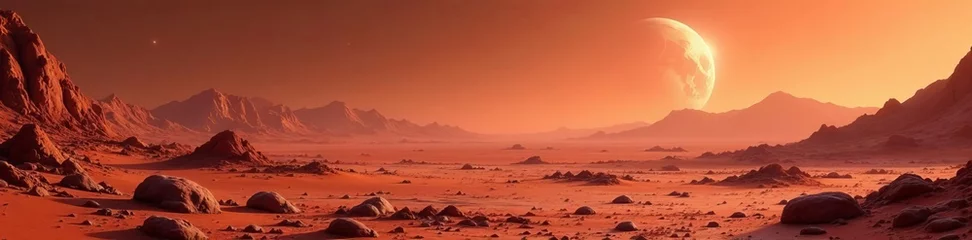 Fototapete Mars surface with futuristic structures in the distance, futuristic, terrain ©  Frames of Reference