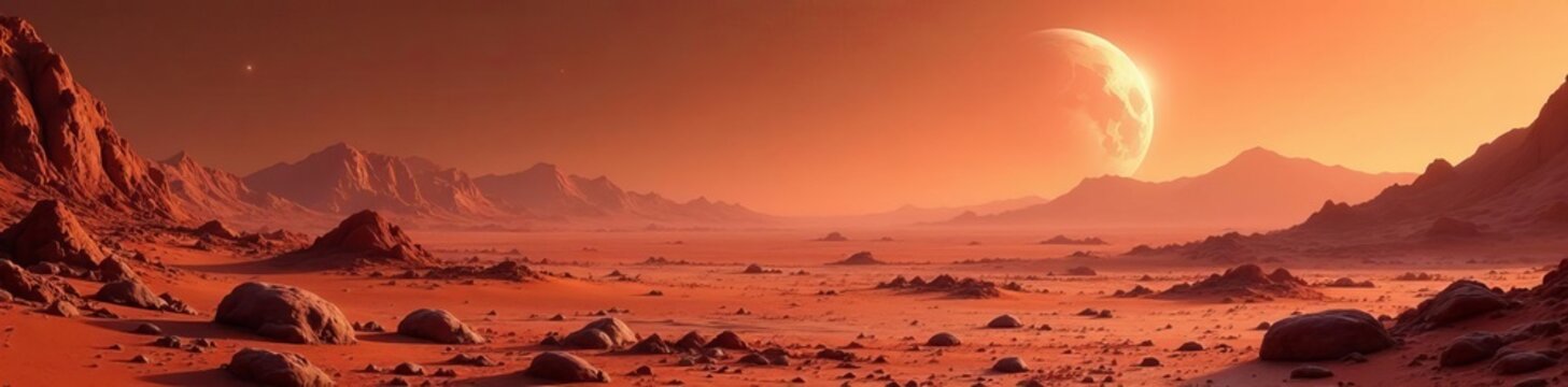 Mars surface with futuristic structures in the distance, futuristic, terrain