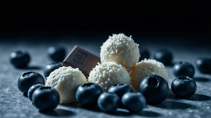 A high-contrast, moody food arrangement featuring dark chocolate squares with a glossy finish, white coconut truffles with a shredded coating and creamy interior, and fresh blueberries.