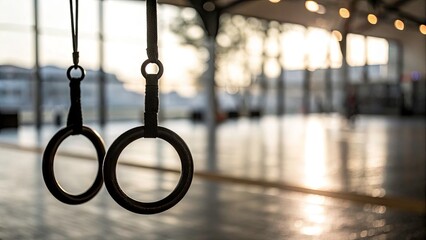 Elegant Silhouette of Gymnastic Rings on Marble Surface for Creative Flat Lay Design - Soft Feminine Aesthetic with Copy Space
