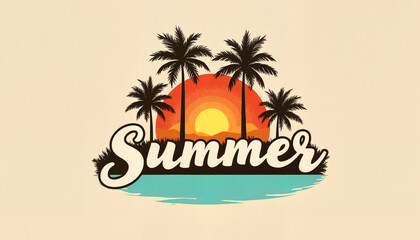Retro summer logo with sunset and palm trees, nostalgic vibes
