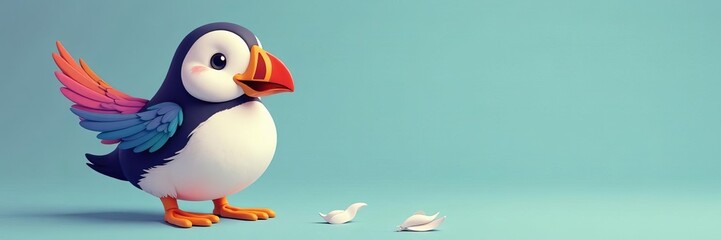 Cute cartoon puffin icon with colorful feathers, fun, bird