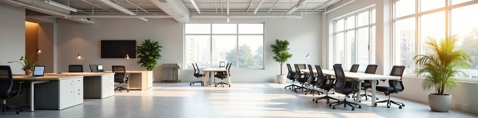 Minimalist rectangular decor in bright spacious coworking area, coworking, decoration