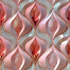 Luxurious rose gold and pearl white wavy pattern with metallic flame-like shapes creates seamless repeat design for elegant interior decor and fashion backgrounds.