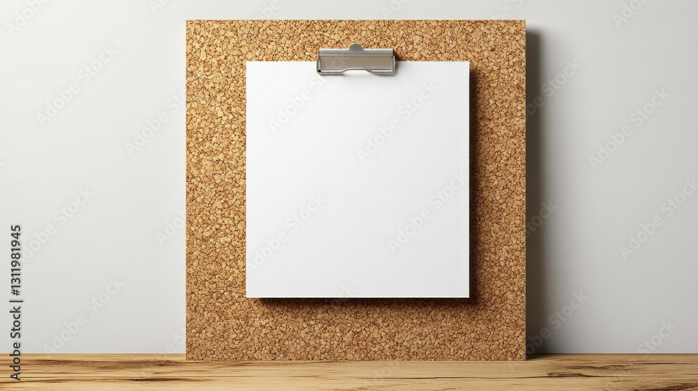 Poster a pristine blank sheet of paper, neatly clipped onto a textured cork board, rests on a rustic wooden