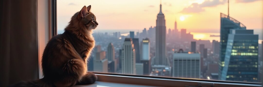 Fluffy tabby cat sitting on windowsill, looking out at the city skyline, tabby, sill - Powered by Adobe