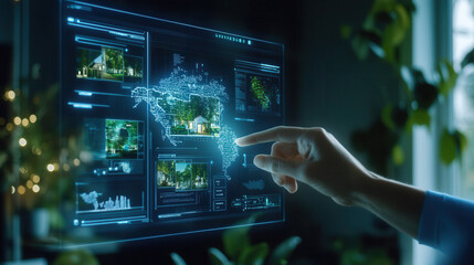 Obraz premium futuristic AI driven real estate agent interacting with digital maps and images. scene showcases advanced technology in modern setting