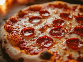 Delicious Pepperoni Pizza with Melted Mozzarella Cheese, Fresh Tomato Sauce, and Crispy Crust A Mouthwatering Close-Up Shot Perfect for Food Blogs, Restaurant Menus, and Social Media Marketing