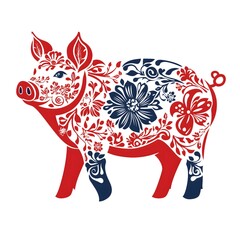 Fototapeta premium Floral pig illustration in red and blue
