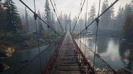 Misty mountain suspension bridge over tranquil river