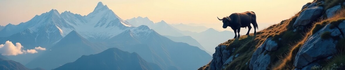 Lone bull climbing steep mountain with determination, perseverance, determination