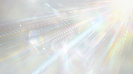 Iridescent white background with rainbow light rays and prismatic lens flare. Soft-focus bokeh effect creating a dreamy and ethereal atmosphere with chromatic aberration and blurred textures.