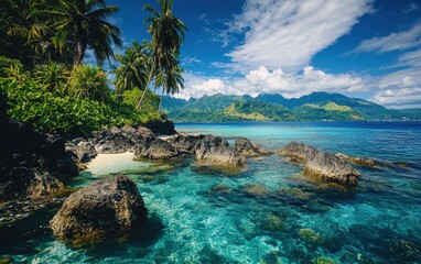 Obraz premium A remote island with jagged rocks, crystal-clear water, and vibrant tropical vegetation
