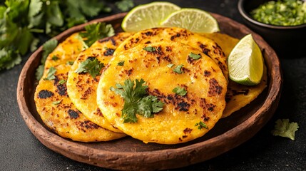 Golden-brown pupusas served on a handcrafted clay plate, garnished with fresh cilantro and lime wedges, placed on a deep charcoal background
