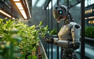 A robot feeding water and nutrients to plants in a controlled indoor farming system