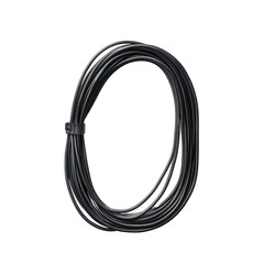 Coiled Cable: A minimalist studio shot of a tightly coiled black cable, secured with a cable tie, emphasizing clean lines and industrial simplicity. 
