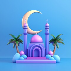 Obraz premium 3D Ramadan icons, featuring a detailed mosque, lantern, and crescent moon, soft lighting, pastel colors