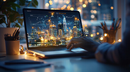 person working on laptop displaying glowing real estate dashboard with city skyline at night