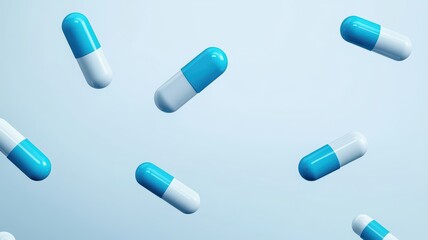 World Health Day wellness and innovation. Floating blue and white capsules on a light background, representing pharmaceuticals and healthcare.