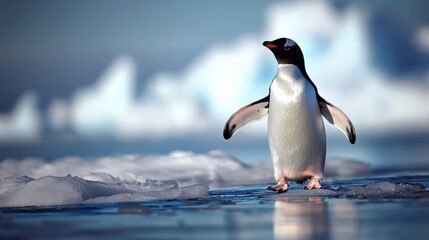 Obraz premium A penguin waddling across the ice in Antarctica, with a vast, icy landscape behind it