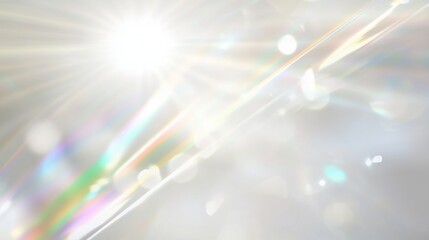 Iridescent white background with rainbow light rays and prismatic lens flare. Soft-focus bokeh effect creating a dreamy and ethereal atmosphere with chromatic aberration and blurred textures.