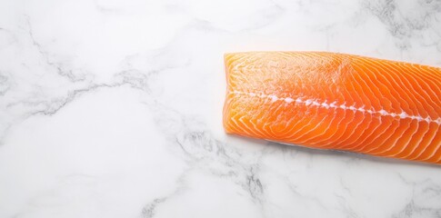 A vibrant piece of salmon fillet rests on a light marble surface, showcasing its rich color and texture.