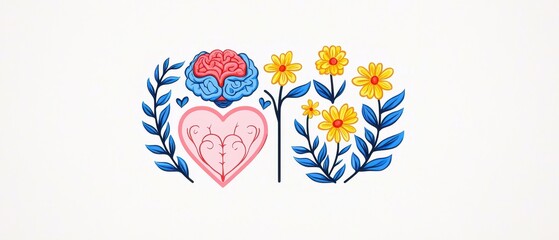 Obraz premium World Health Day wellness and innovation. Bright illustration of a brain and heart surrounded by colorful flowers and leaves.