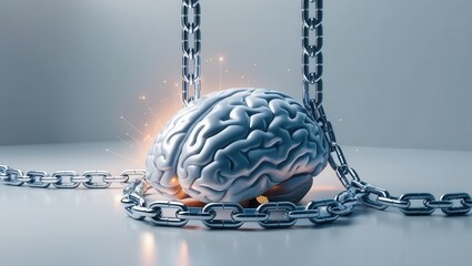 A conceptual image representing mental struggle, showcasing a brain encased in chains symbolizing limitations and barriers to freedom.