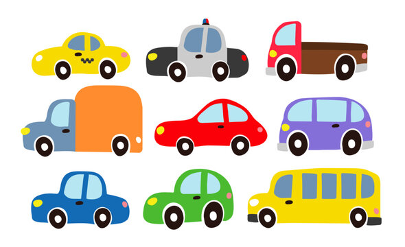 collection of cute colorful cartoon cars and vehicles kids style drawing on white background 