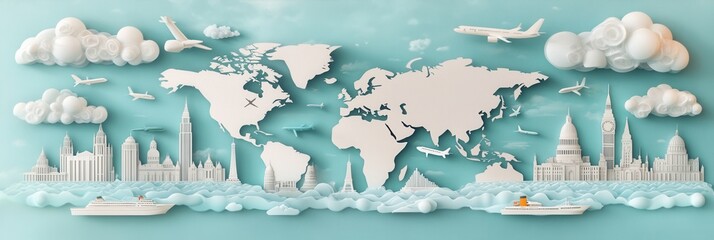 World map paper art featuring landmarks, planes, ships, and clouds in a whimsical travel theme
