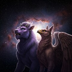 Fototapeta premium Manticore and Griffin at the Edge of the Universe A manticore and a griffin stand side by side at the edge of the universe, gazing into the vast unknown. Their majestic forms are bathed in the light o