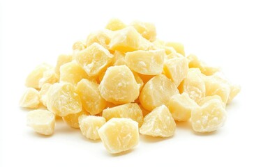 Bulk pile of natural dried ginger chunks isolated on a clean white background for culinary and health-related imagery use in various projects and publications