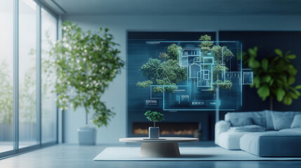 modern real estate showroom featuring holographic display of architectural plans and greenery, creating futuristic atmosphere
