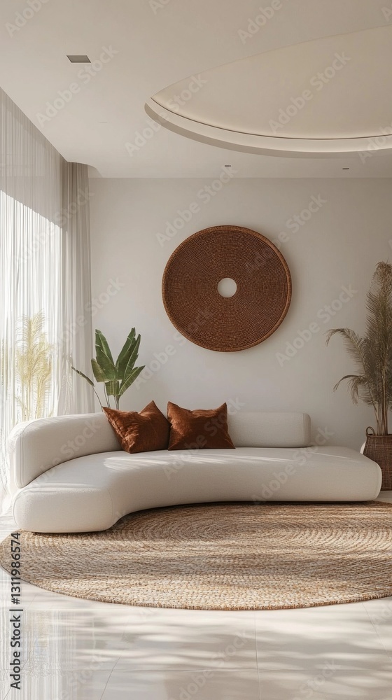 Poster curved white sofa adorned with decorative pillows sits gracefully on a woven rug, complemented by gr