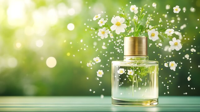 Fragrant essence in a glass bottle with blooms.