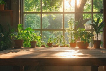 Sunlit wooden table with potted plants by a window.