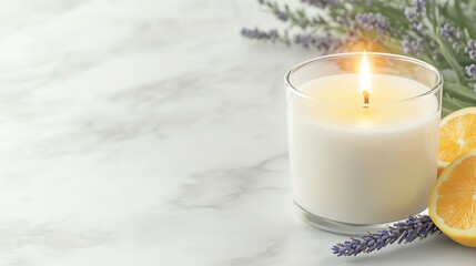 Relaxing candle with lavender and citrus aroma.