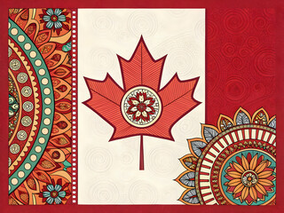 Celebration of Canadian culture through vibrant retro designs featuring a stylized maple leaf with intricate patterns and colors
